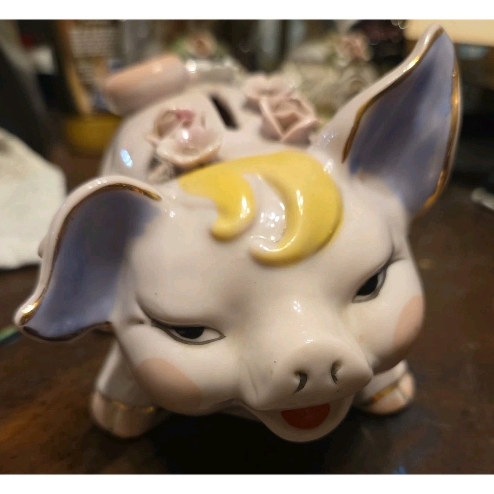 Vintage Piggy Bank Pink Flowers Gold Trim Japan True Piggy Bank Break For Money